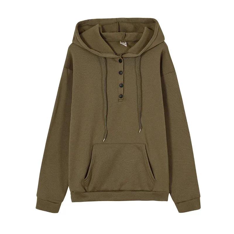 2023 Fashion Trend Long Sleeve Loose Casual V-collar Button Hooded Drawstring Pocket Hoodie