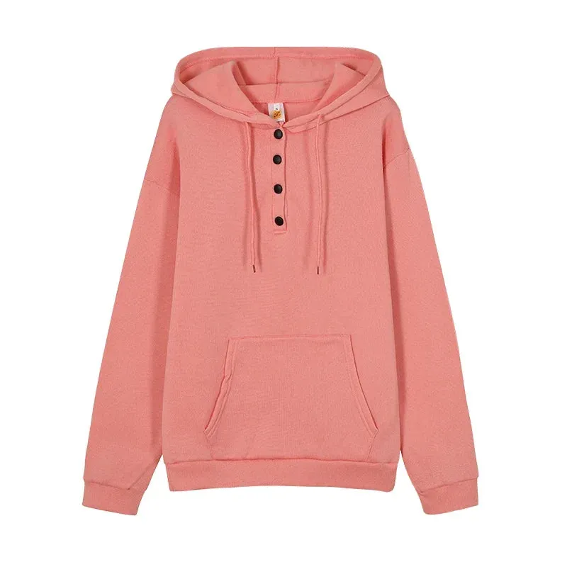 2023 Fashion Trend Long Sleeve Loose Casual V-collar Button Hooded Drawstring Pocket Hoodie