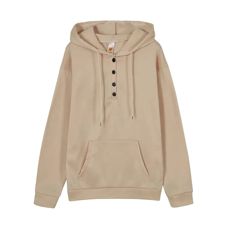 2023 Fashion Trend Long Sleeve Loose Casual V-collar Button Hooded Drawstring Pocket Hoodie