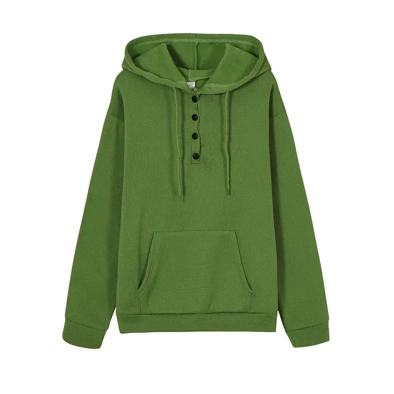 2023 Fashion Trend Long Sleeve Loose Casual V-collar Button Hooded Drawstring Pocket Hoodie