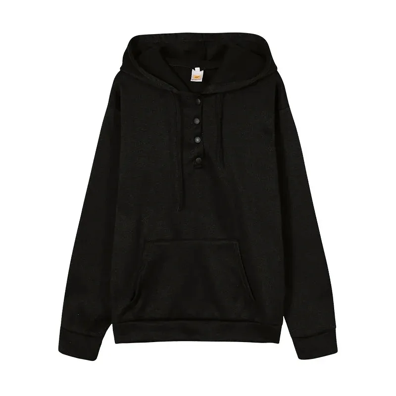 2023 Fashion Trend Long Sleeve Loose Casual V-collar Button Hooded Drawstring Pocket Hoodie