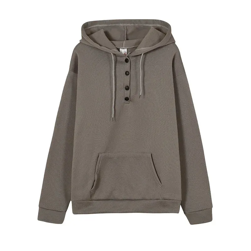 2023 Fashion Trend Long Sleeve Loose Casual V-collar Button Hooded Drawstring Pocket Hoodie