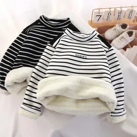 2024 New Girls Padded Bottoming Shirt Children Striped Round Neck Warm Top Winter Boys Fashion Casual Turtleneck Sweater 12M-12Y