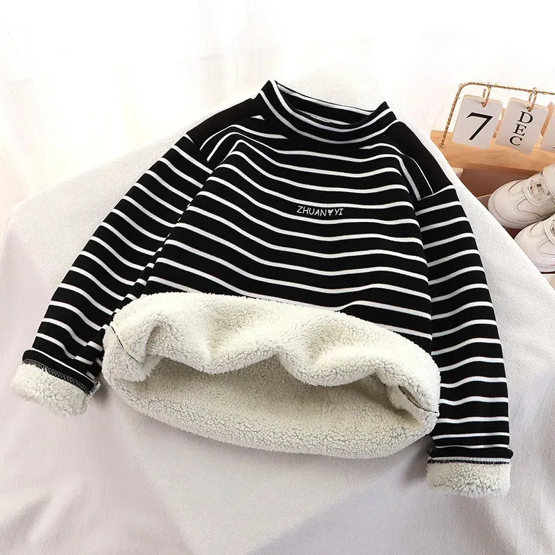 2024 New Girls Padded Bottoming Shirt Children Striped Round Neck Warm Top Winter Boys Fashion Casual Turtleneck Sweater 12M-12Y