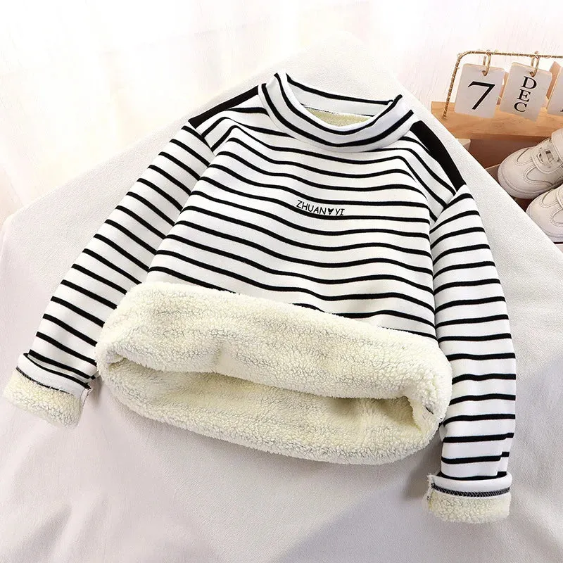 2024 New Girls Padded Bottoming Shirt Children Striped Round Neck Warm Top Winter Boys Fashion Casual Turtleneck Sweater 12M-12Y