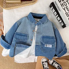 Autumn Winter Cool Trend Boys Girls Long Sleeve Patchwork Outerwear Clothings Lapel Striped Denim Coat Kids Casual Cowboy Jacket