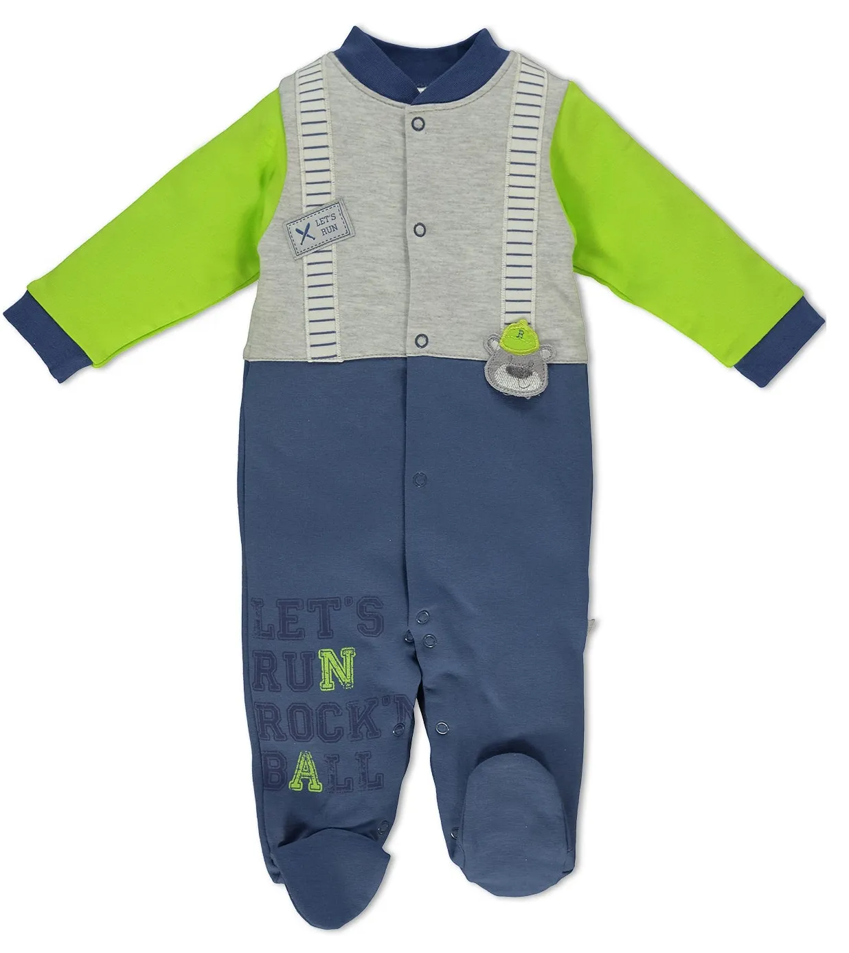 Bebetto Colour Block Sleepsuit Bear Blue Green (3-9mths)