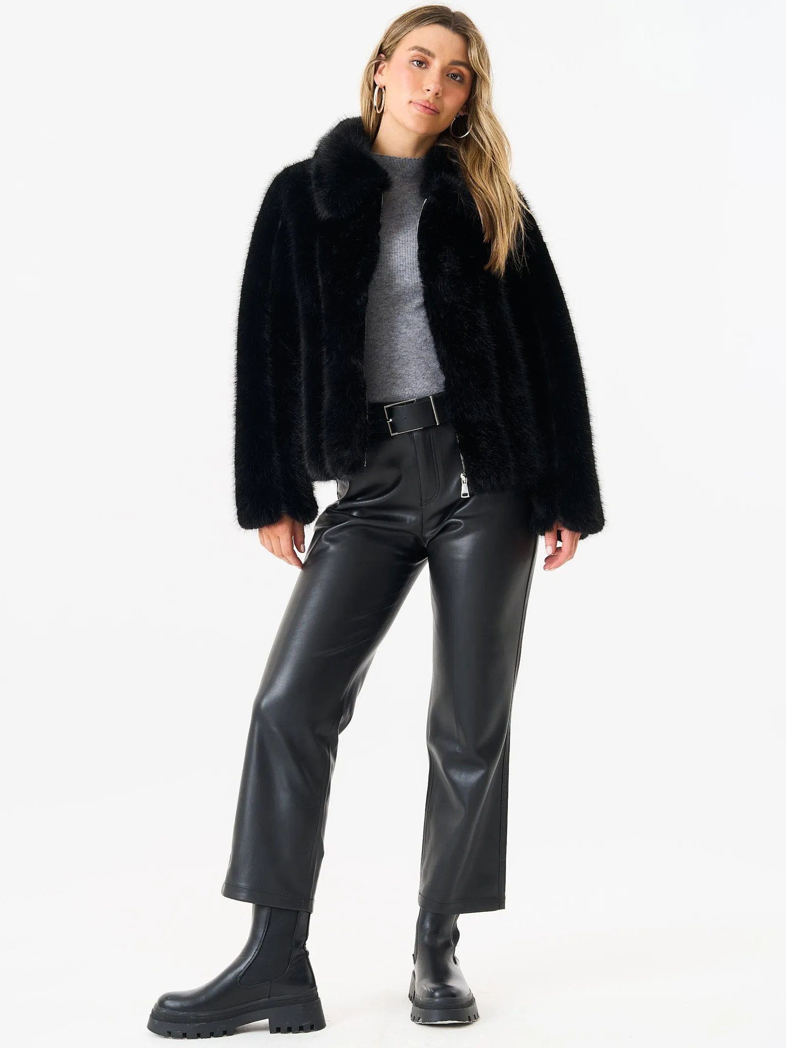 Black Zip Front Faux Fur Short Jacket