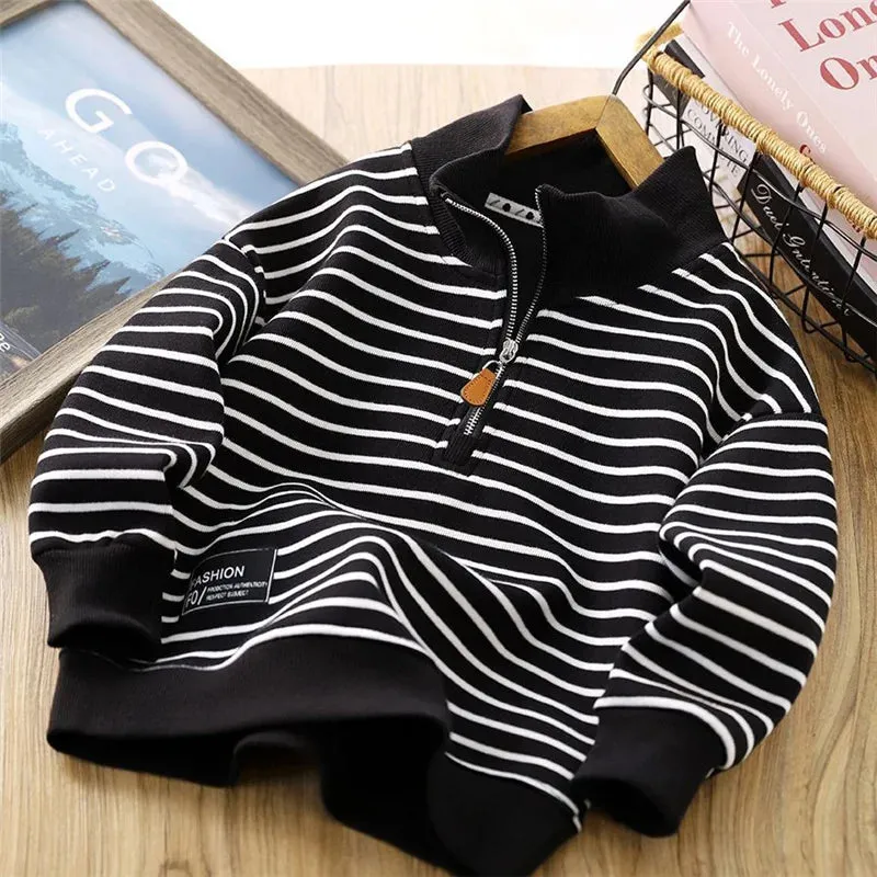 Boys Stripes Sweatshirt Coats Spring Autumn Girls Casual Pullover Big Kids Clothing Lapel Zipper Tops Children Sportswear 4-14Y