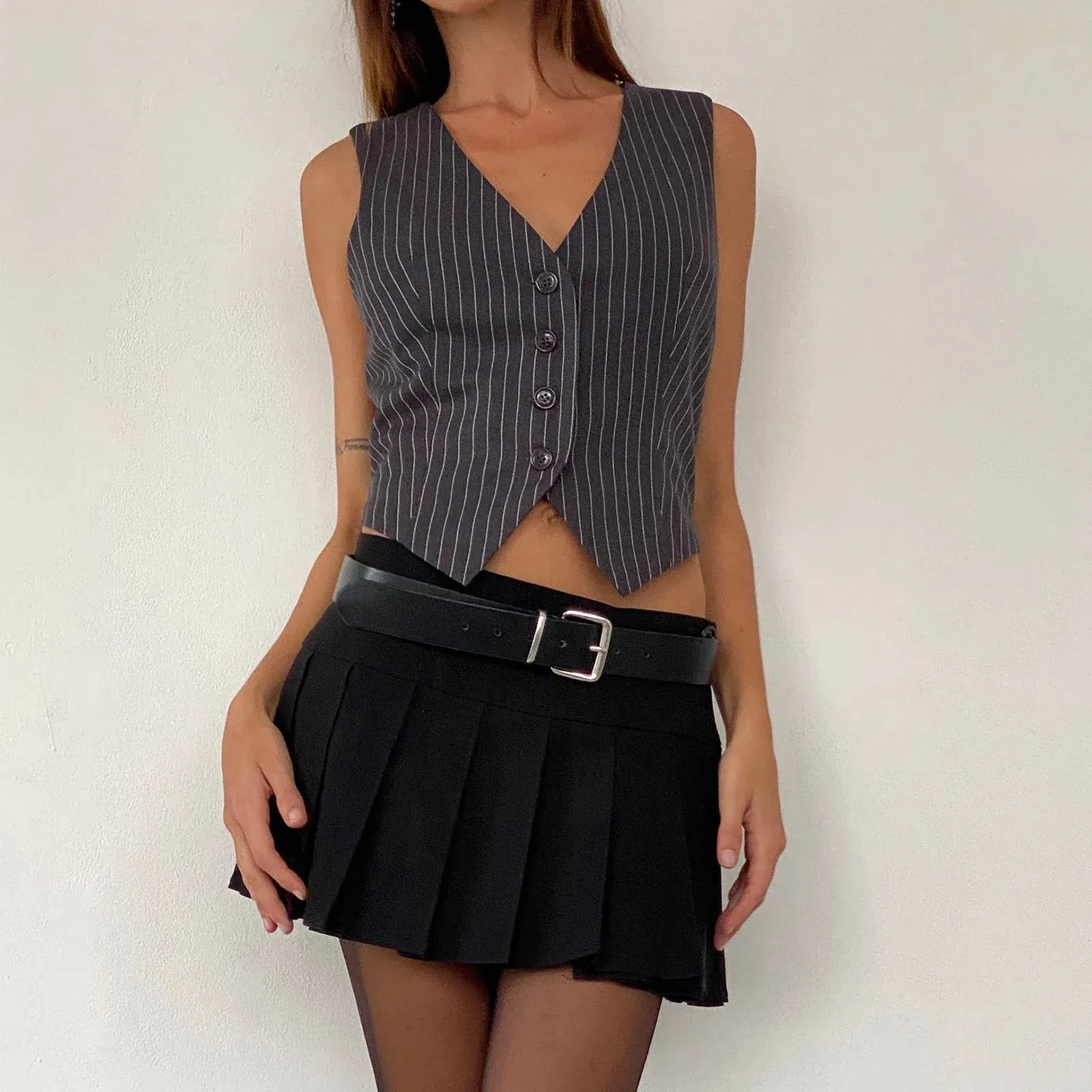 Casual Waistcoat Fashion Vintage Classic Pinstripe Vest V Neck Button Cropped Tank Women Top