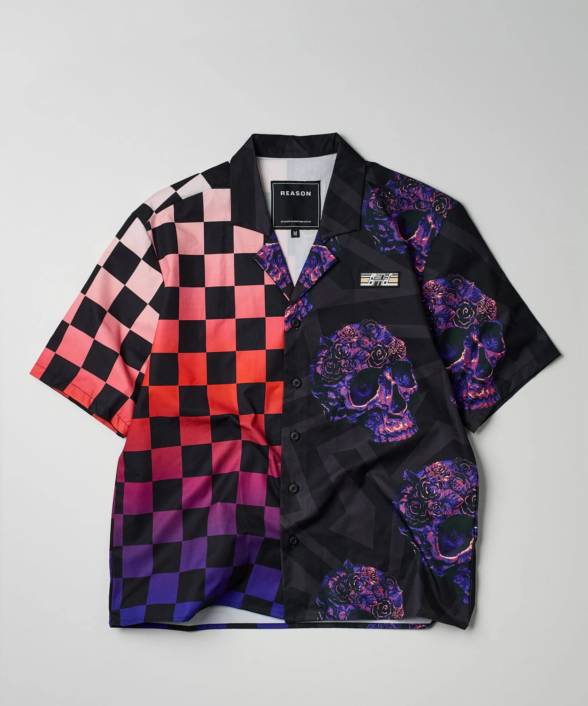 Checkers And Skulls Split Woven Short Sleeve Shirt