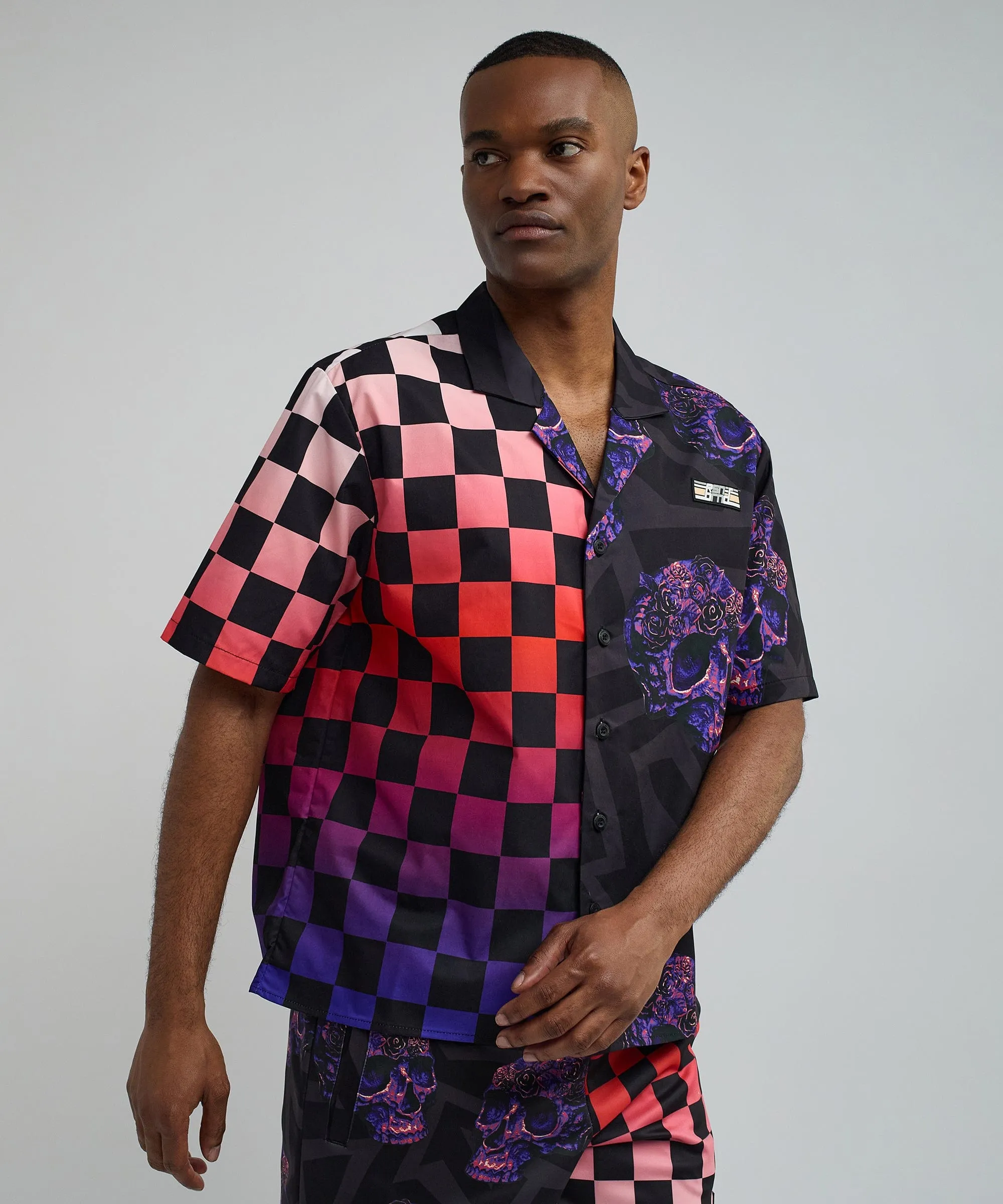 Checkers And Skulls Split Woven Short Sleeve Shirt