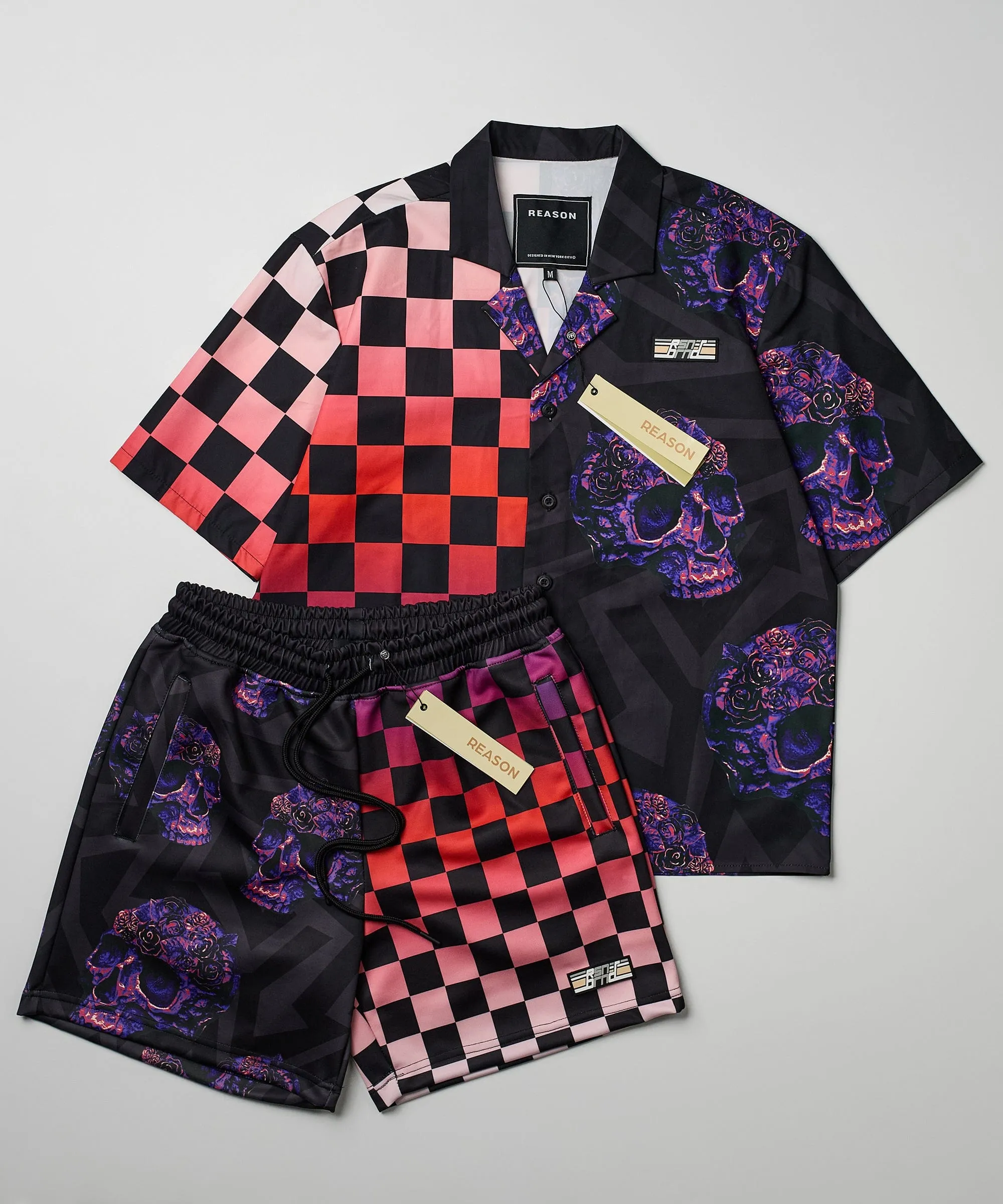 Checkers And Skulls Split Woven Short Sleeve Shirt