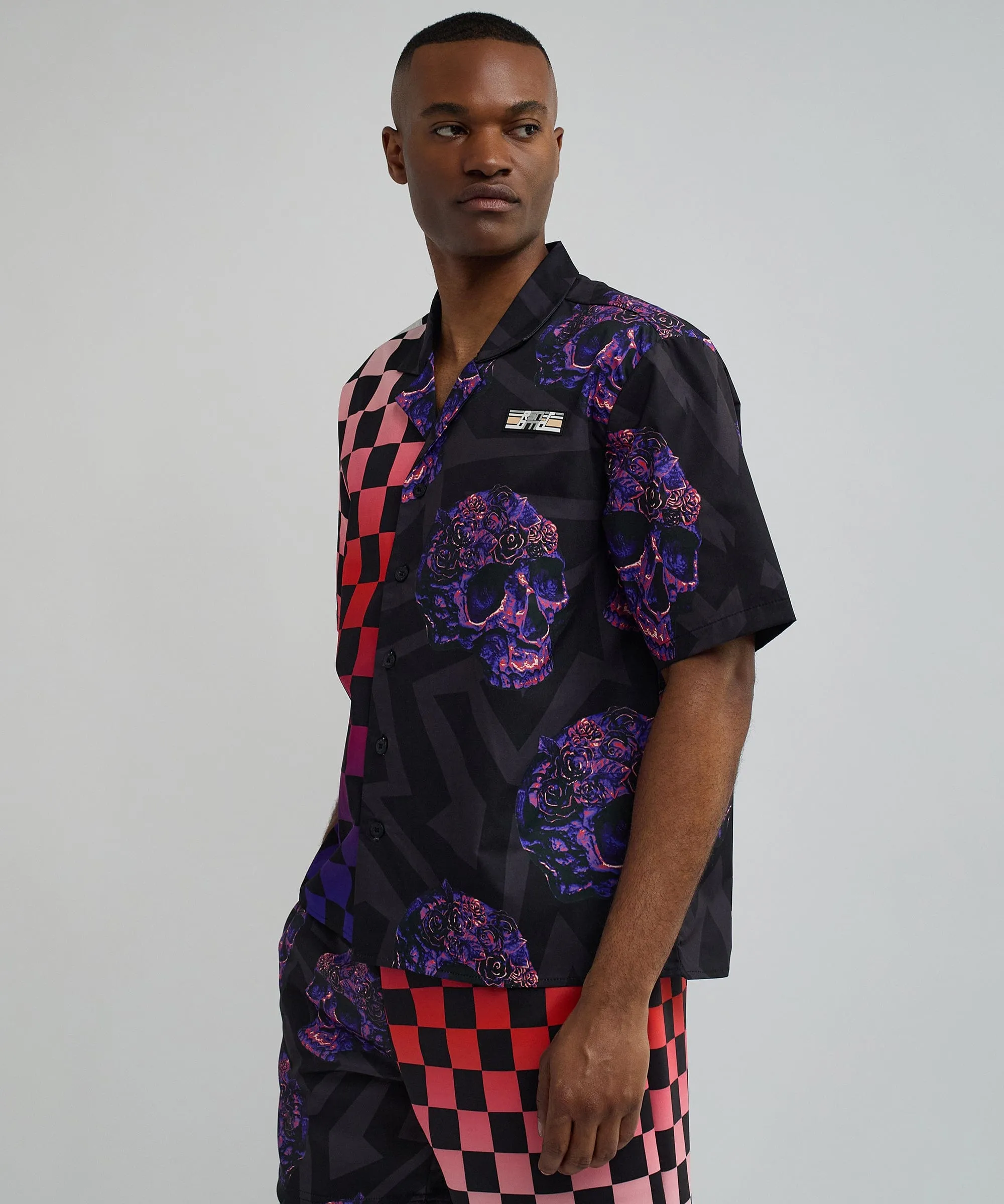 Checkers And Skulls Split Woven Short Sleeve Shirt