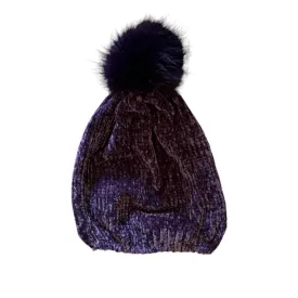 Chenille Pom Pom Hat Purple