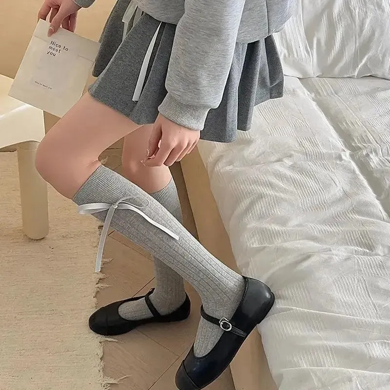 Cozy Grey Sheer Knee High Socks with Stylish Ribbon Ties- KawaSocks