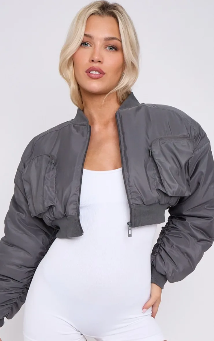 CROPPED RUCHED SLEEVE UTILITY POCKET BOMBER JACKET