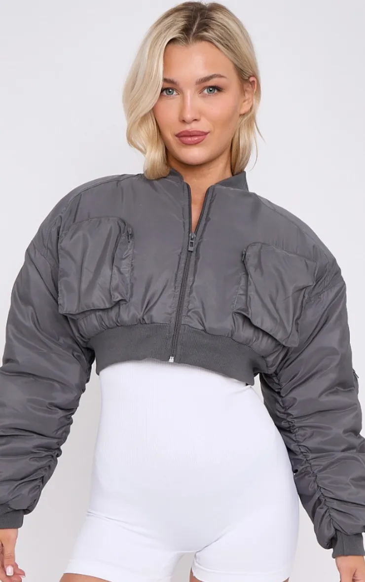 CROPPED RUCHED SLEEVE UTILITY POCKET BOMBER JACKET