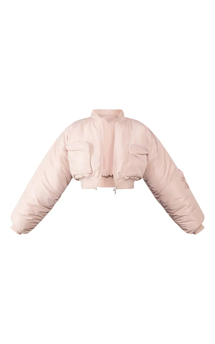 CROPPED RUCHED SLEEVE UTILITY POCKET BOMBER JACKET