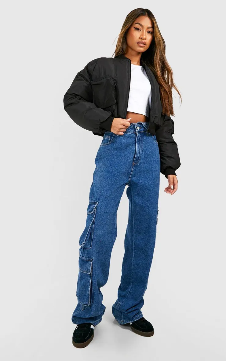 CROPPED RUCHED SLEEVE UTILITY POCKET BOMBER JACKET