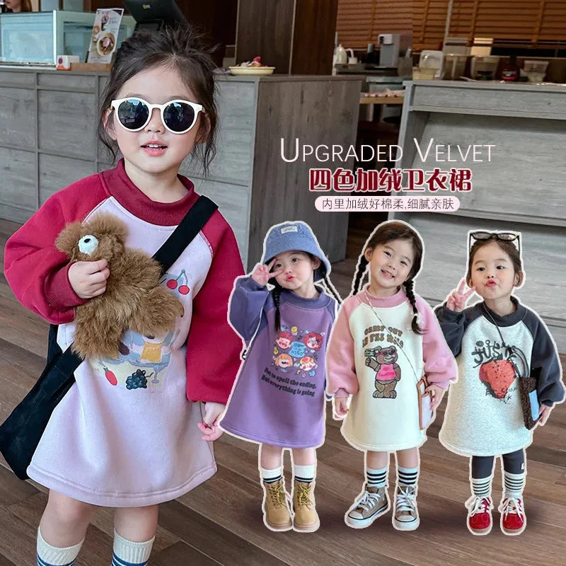 Cute Warm Kids Sweatshirt Dress Children's Pink Girls Baby Princess Dresses Fashion Leisure Padded Thick Dresses Autumn Clothing