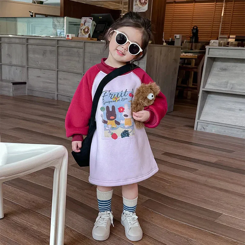 Cute Warm Kids Sweatshirt Dress Children's Pink Girls Baby Princess Dresses Fashion Leisure Padded Thick Dresses Autumn Clothing