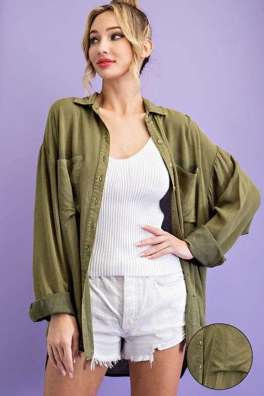 Essential long sleeve button up mineral olive wash