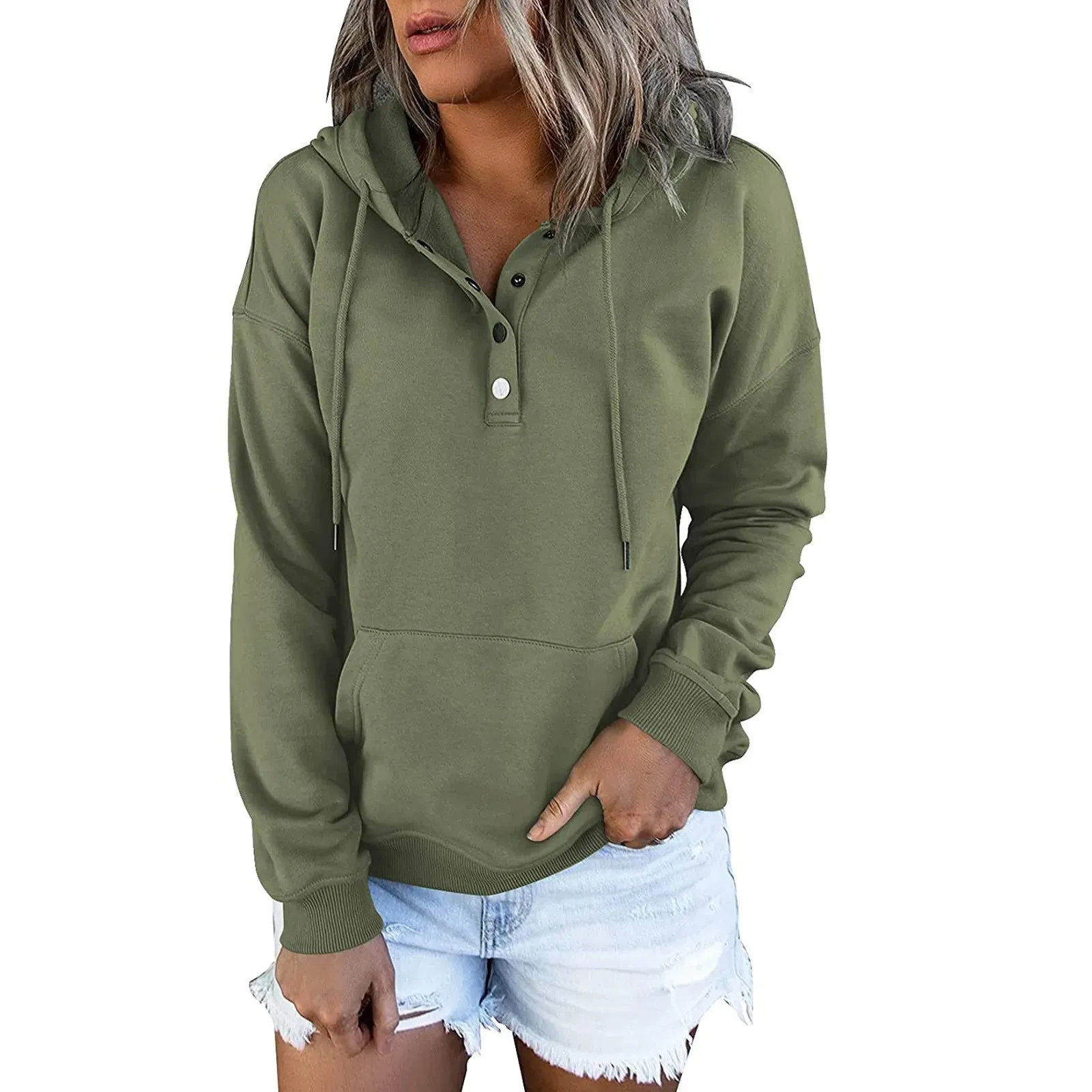 European and N Women's Long-sleeved Loose Casual Hooded Drawstring Pocket Hoodie