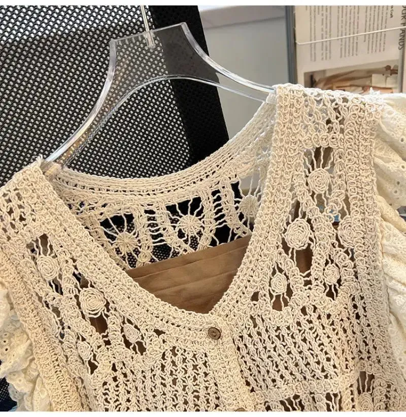 French Crochet Hollow Knit Vest Cardigan Women Summer Short Sleeve Sleeveless Lace Tops 2024 Casual Fashion Vest Two Piece Sets