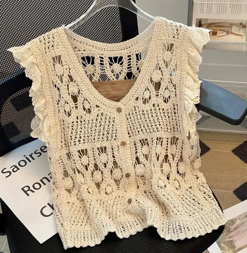 French Crochet Hollow Knit Vest Cardigan Women Summer Short Sleeve Sleeveless Lace Tops 2024 Casual Fashion Vest Two Piece Sets