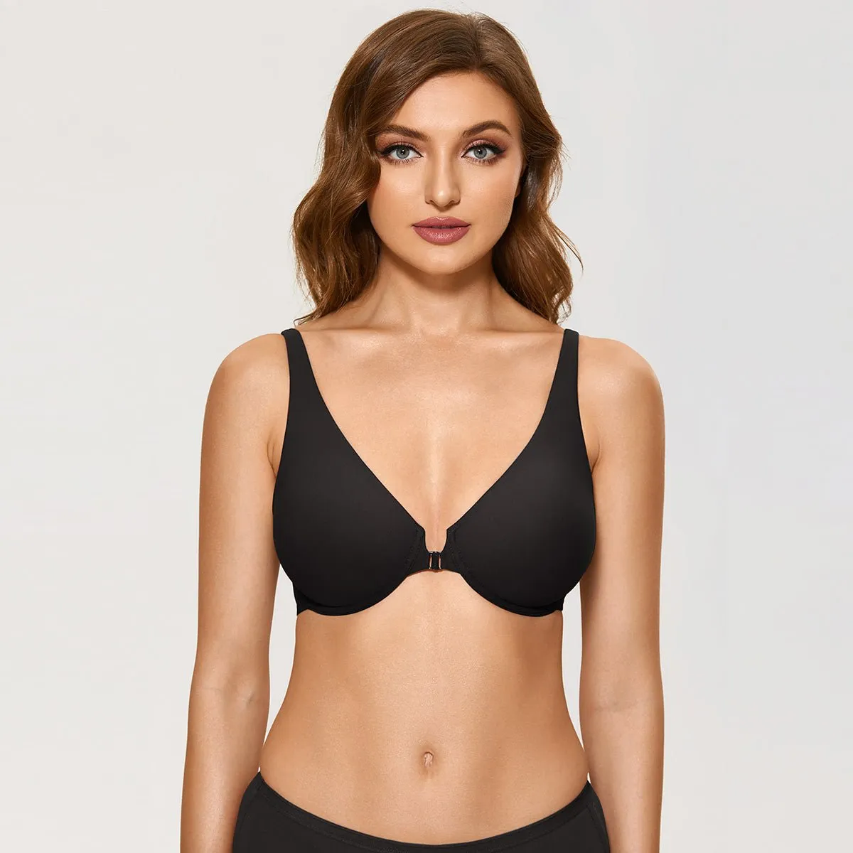 Front Closure Underwire Unlined Plunge Comfort Black Full Figure Bra