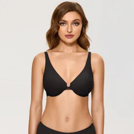 Front Closure Underwire Unlined Plunge Comfort Black Full Figure Bra