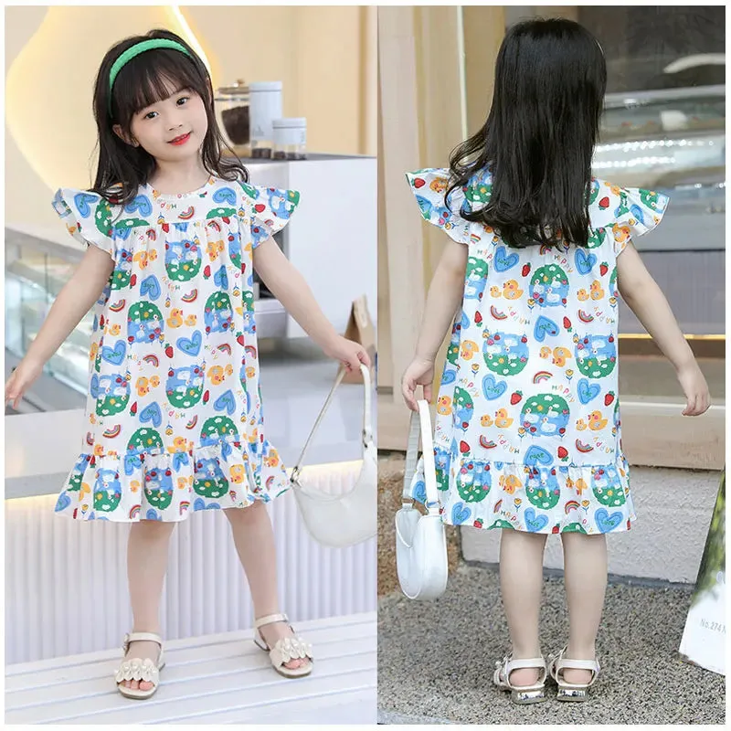 Girl Dresses100% Cotton Children's Clothing Summer Kids Clothes Girls Party Princess Fashion Outfit Flower Pattern Beach Dresses