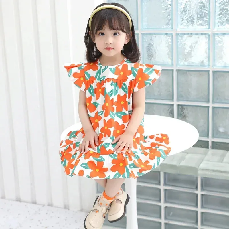 Girl Dresses100% Cotton Children's Clothing Summer Kids Clothes Girls Party Princess Fashion Outfit Flower Pattern Beach Dresses