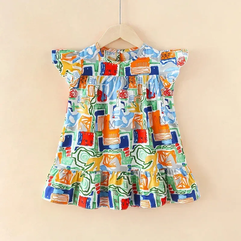 Girl Dresses100% Cotton Children's Clothing Summer Kids Clothes Girls Party Princess Fashion Outfit Flower Pattern Beach Dresses