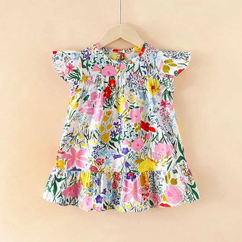 Girl Dresses100% Cotton Children's Clothing Summer Kids Clothes Girls Party Princess Fashion Outfit Flower Pattern Beach Dresses