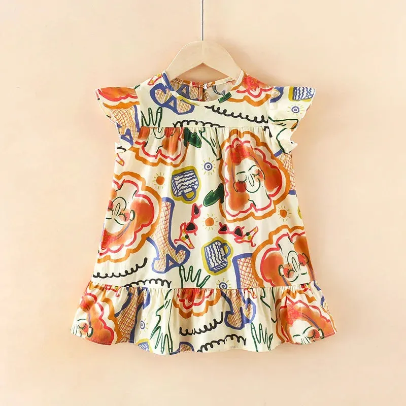 Girl Dresses100% Cotton Children's Clothing Summer Kids Clothes Girls Party Princess Fashion Outfit Flower Pattern Beach Dresses