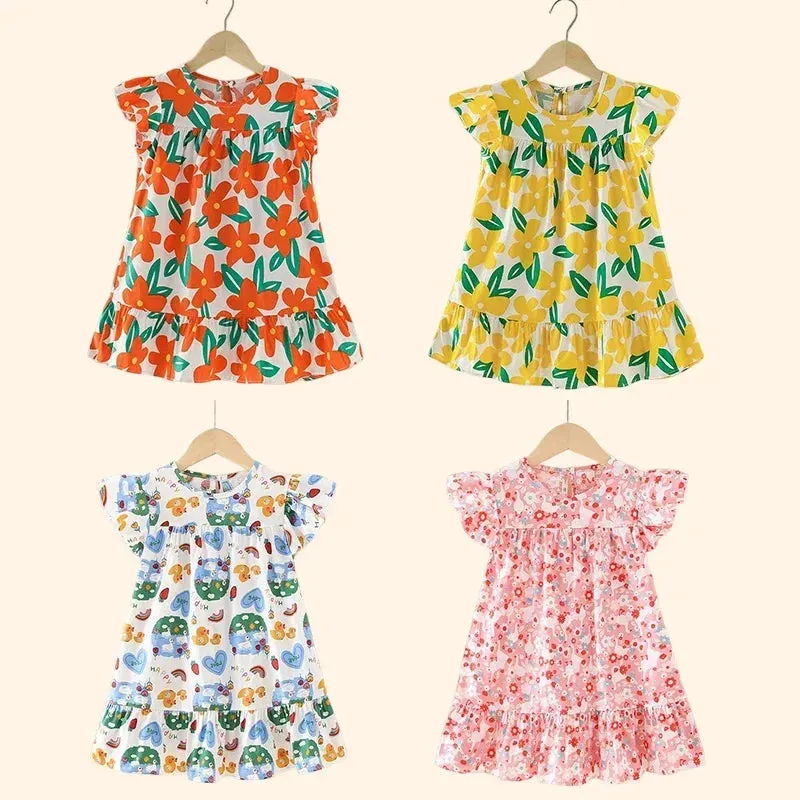 Girl Dresses100% Cotton Children's Clothing Summer Kids Clothes Girls Party Princess Fashion Outfit Flower Pattern Beach Dresses