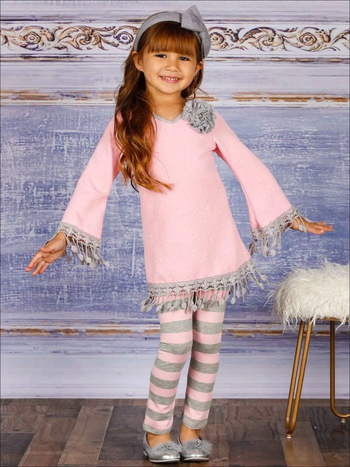 Girls Long Sleeve Crochet Trimmed Tunic And Matching Legging Set