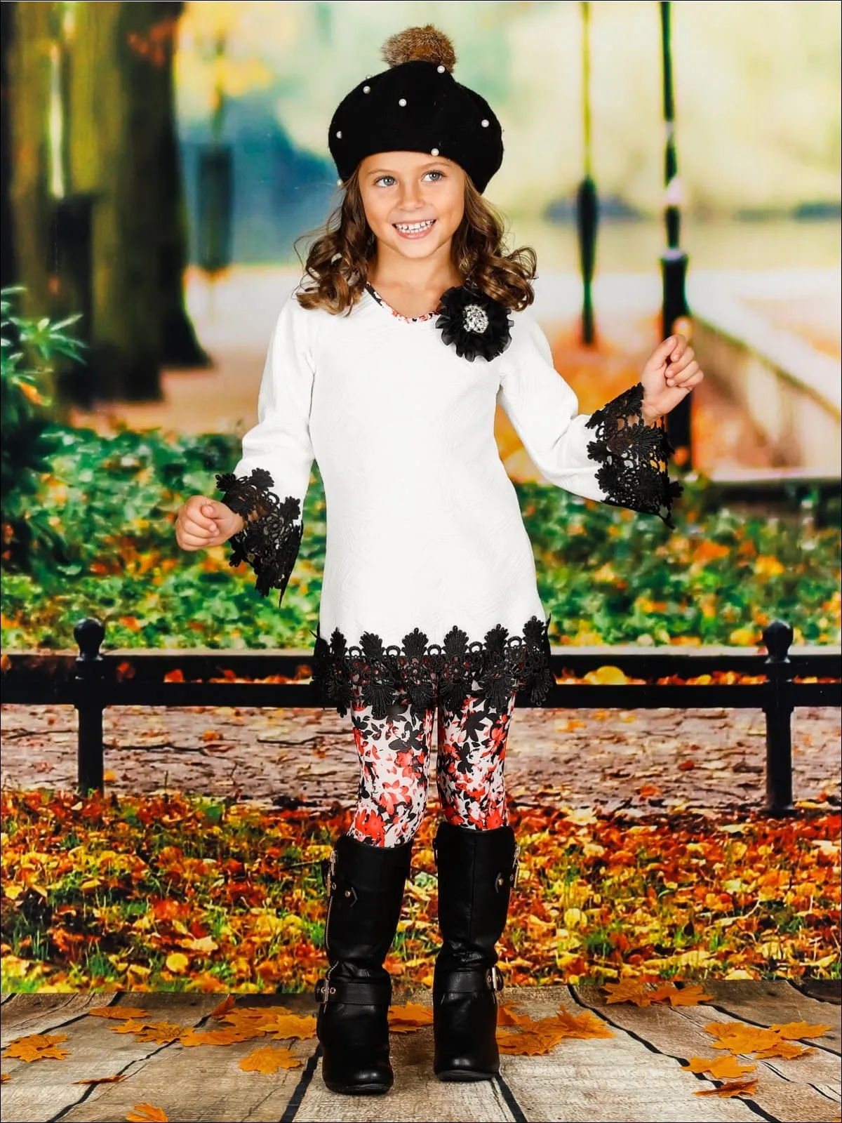 Girls Long Sleeve Crochet Trimmed Tunic And Matching Legging Set