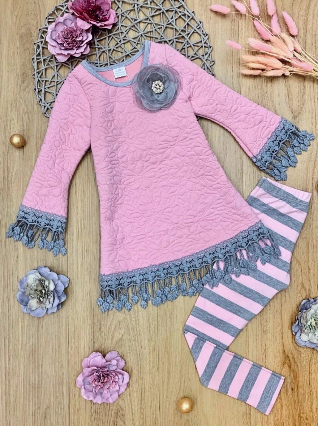 Girls Long Sleeve Crochet Trimmed Tunic And Matching Legging Set