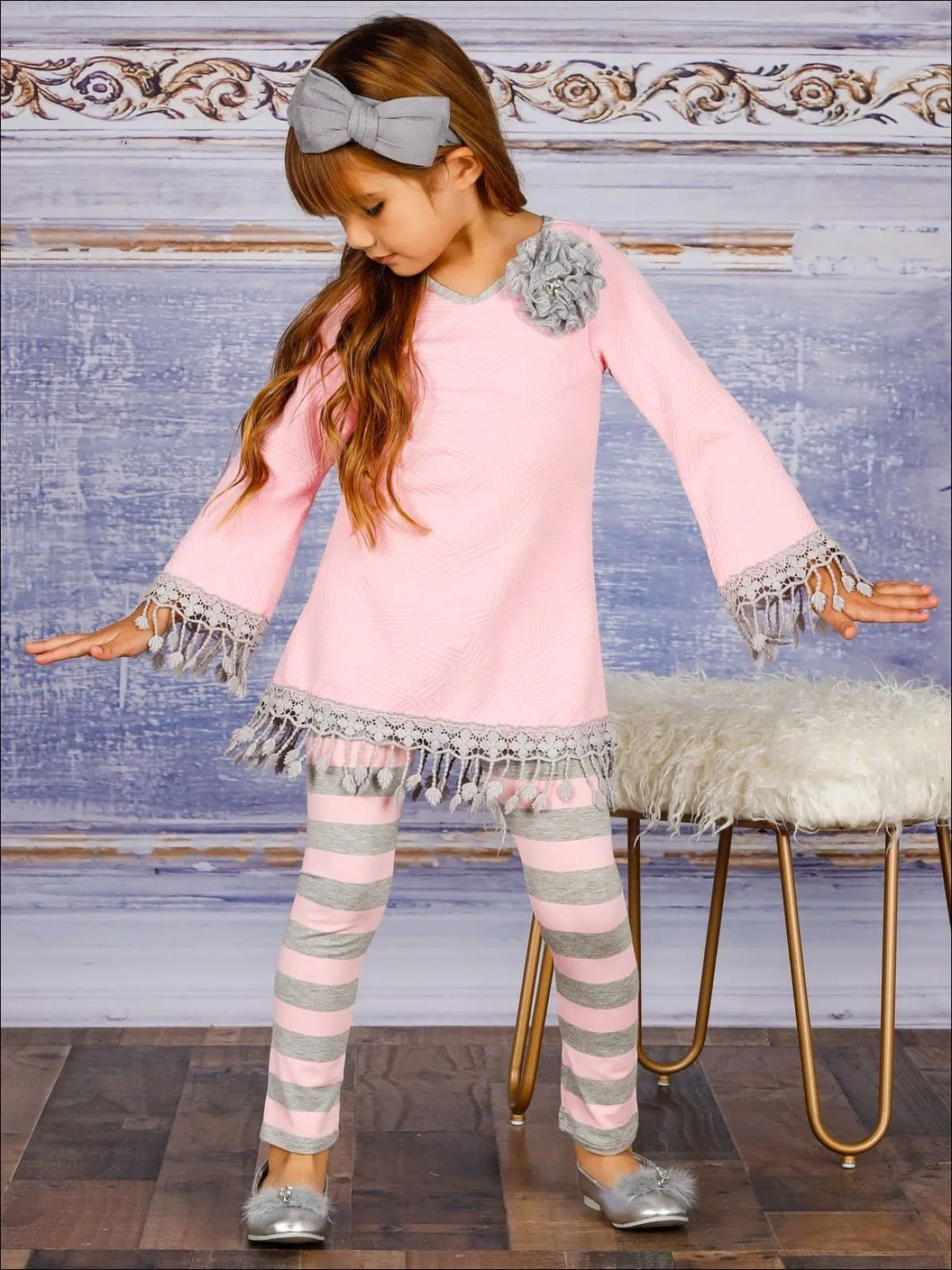 Girls Long Sleeve Crochet Trimmed Tunic And Matching Legging Set