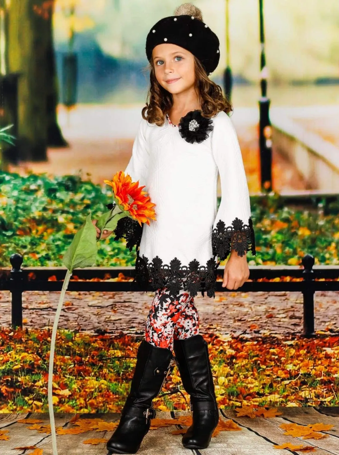 Girls Long Sleeve Crochet Trimmed Tunic And Matching Legging Set