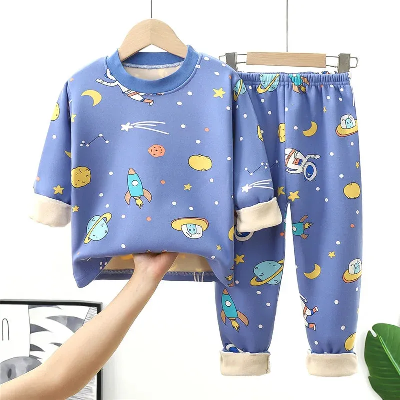 Kids Warm Pajama Sets Autumn Winter Plus Velvets Clothing Suits Boys Girls Fashion Print Pullover Pants 2Pcs Outfits 1-14 Years