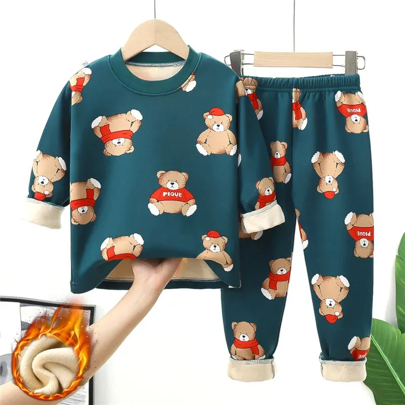 Kids Warm Pajama Sets Autumn Winter Plus Velvets Clothing Suits Boys Girls Fashion Print Pullover Pants 2Pcs Outfits 1-14 Years