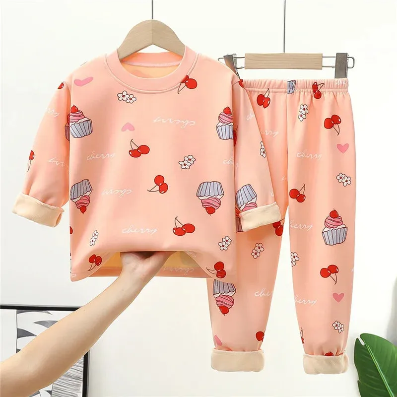 Kids Warm Pajama Sets Autumn Winter Plus Velvets Clothing Suits Boys Girls Fashion Print Pullover Pants 2Pcs Outfits 1-14 Years