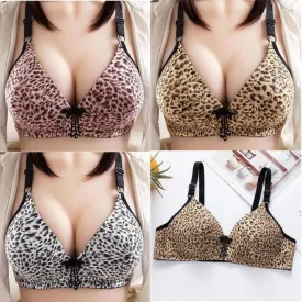 Ladies Solid Color Sexy Leopard Print Glossy Breathable Bra Padded Push Up Adjustable Strap Bra