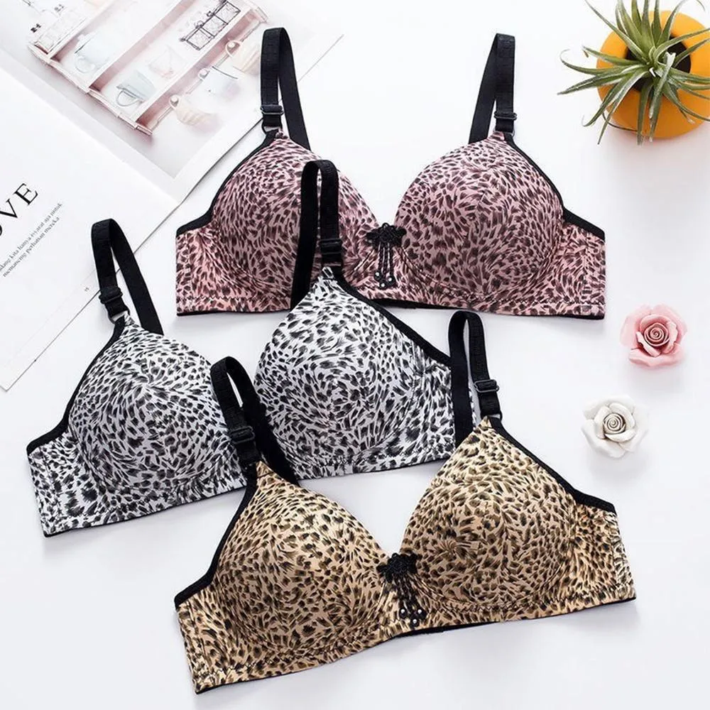 Ladies Solid Color Sexy Leopard Print Glossy Breathable Bra Padded Push Up Adjustable Strap Bra