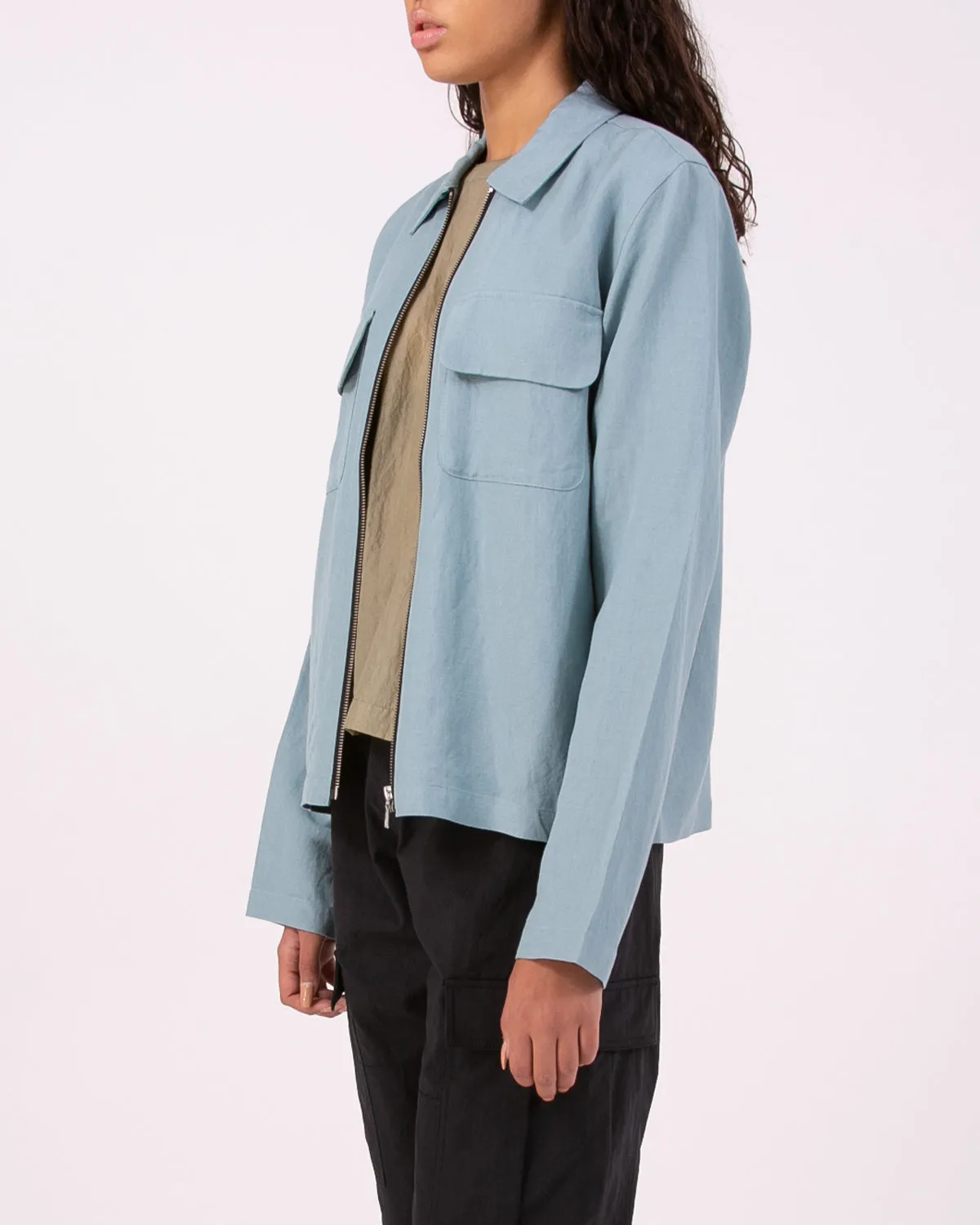 Linen Rayon Zip Blouson - Sky