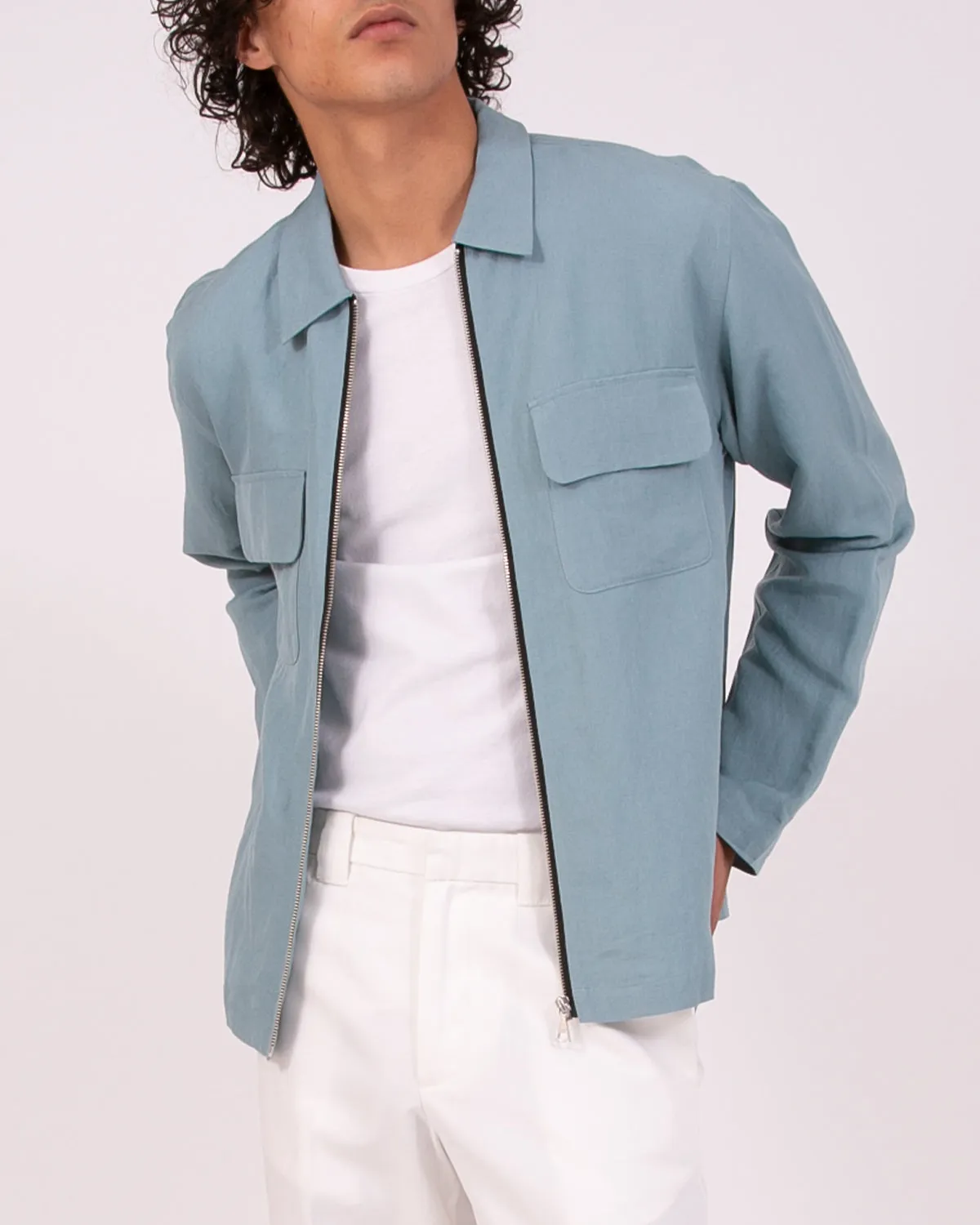 Linen Rayon Zip Blouson - Sky